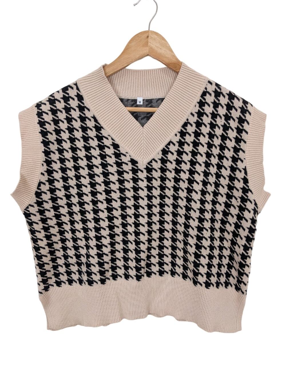 Houndstooth Checkered Oversized V Neck Sweater Vest Sz M 90s Y2K